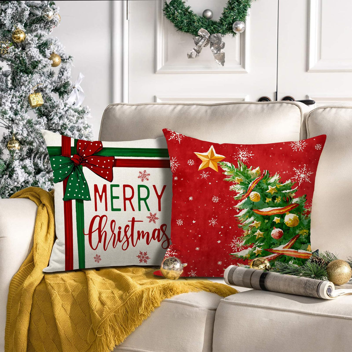 Merry Christmas Pillow Covers 18x18 Inch Snowman Hello Winter Tree Throw Pillow Cases