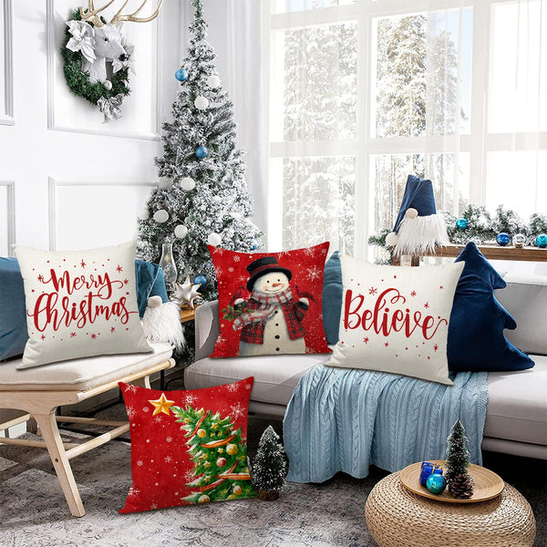 Merry Christmas Pillow Covers 18x18 Inch Snowman Christmas Tree Star Balls Throw Pillow Cases