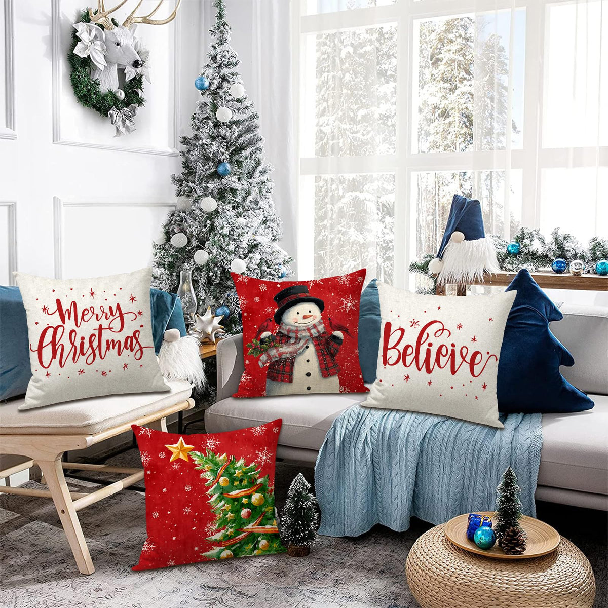 Christmas Throw Pillow Covers 18x18 in Set of 4 Decorations,Decorative Snowman Santa Pillow Case