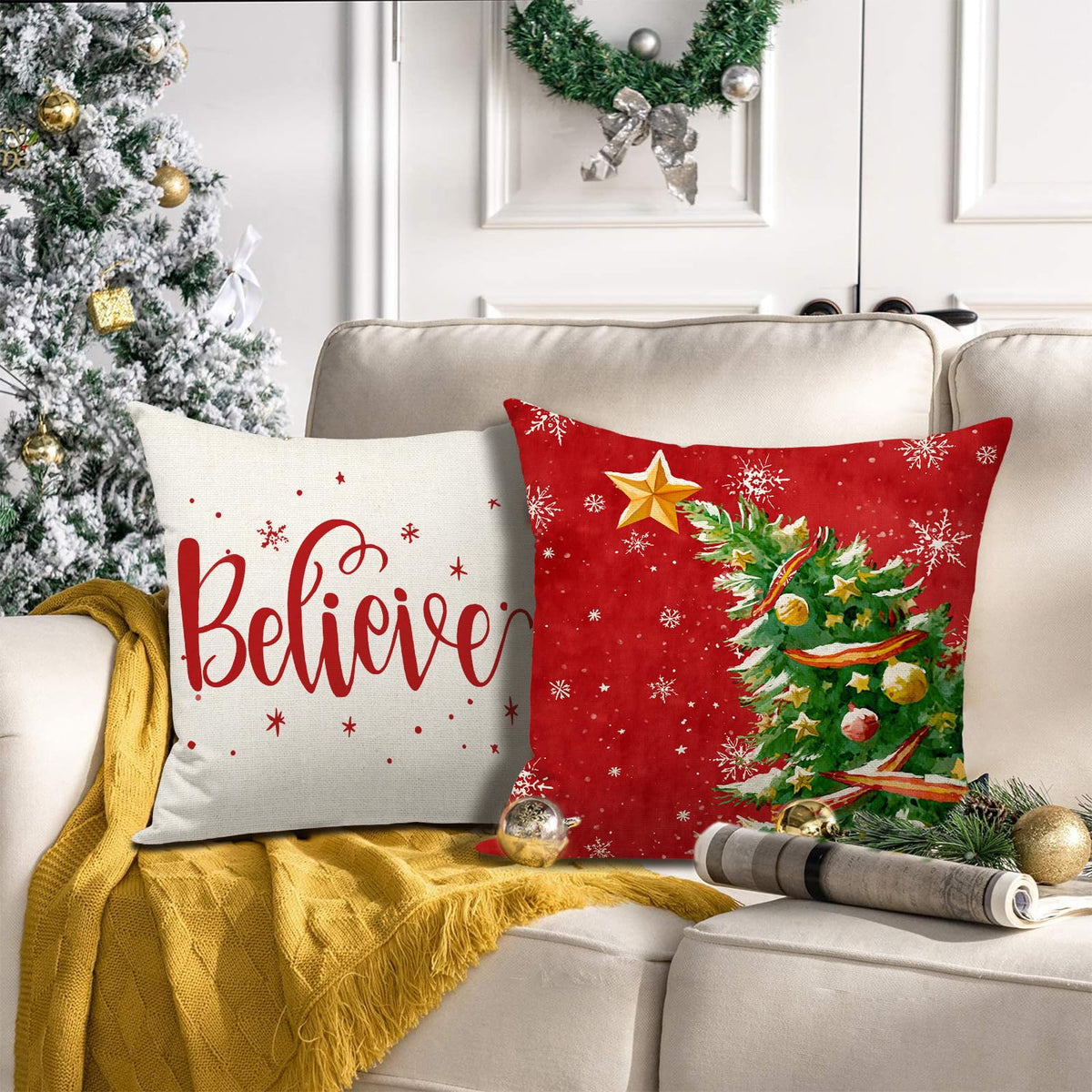 Merry Christmas Pillow Covers 18x18 Inch Snowman Christmas Tree Star Balls Throw Pillow Cases