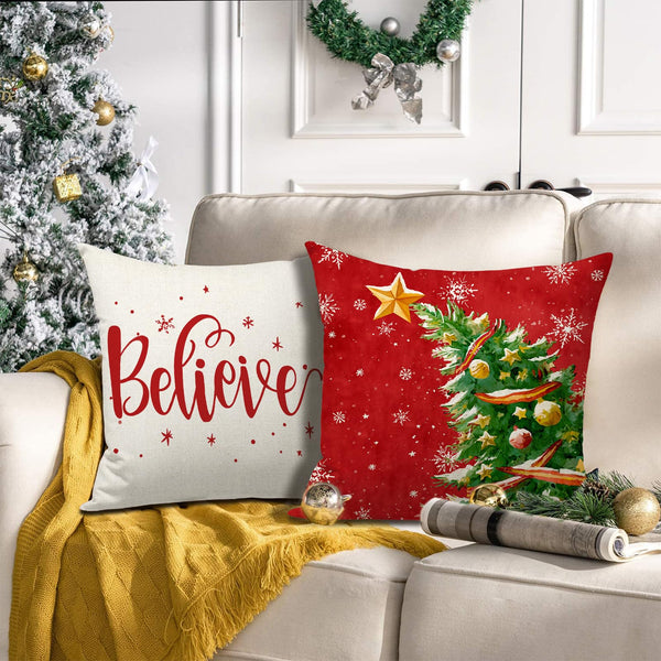 Merry Christmas Pillow Covers 18x18 Inch Snowman Christmas Tree Star Balls Throw Pillow Cases