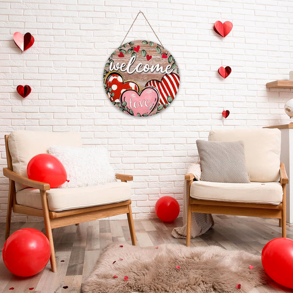 Valentine's Day Welcome Door Sign 3D Red Pink Love Heart Vintage Watercolor Round Wood Door Hanger Outdoor Decor