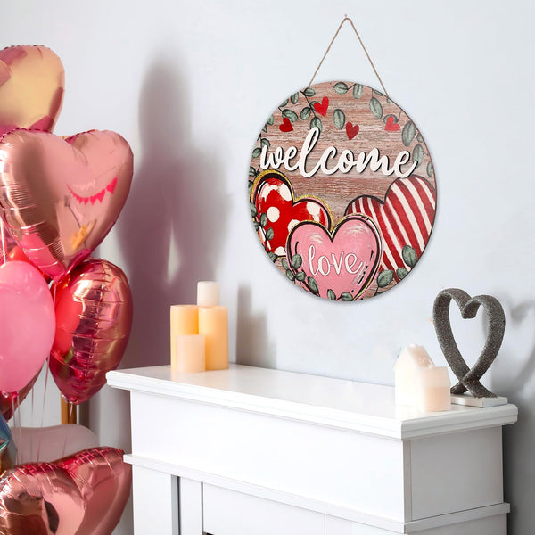 Valentine's Day Welcome Door Sign 2D Red Pink Love Heart Vintage Watercolor Round Wood Door Hanger Outdoor Decor