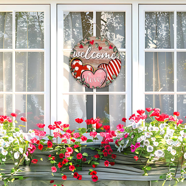 Valentine's Day Welcome Door Sign 2D Red Pink Love Heart Vintage Watercolor Round Wood Door Hanger Outdoor Decor