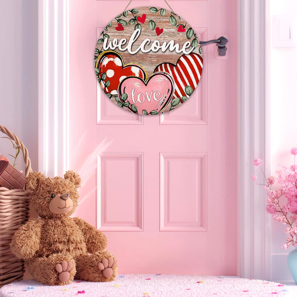 Valentine's Day Welcome Door Sign 2D Red Pink Love Heart Vintage Watercolor Round Wood Door Hanger Outdoor Decor