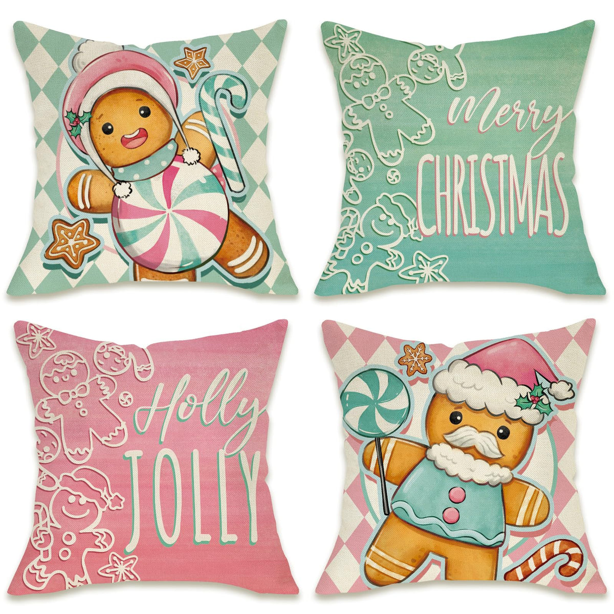 Merry Christmas Gingerbread Man Decorative Throw Pillow Covers 18 x 18 Set of 4