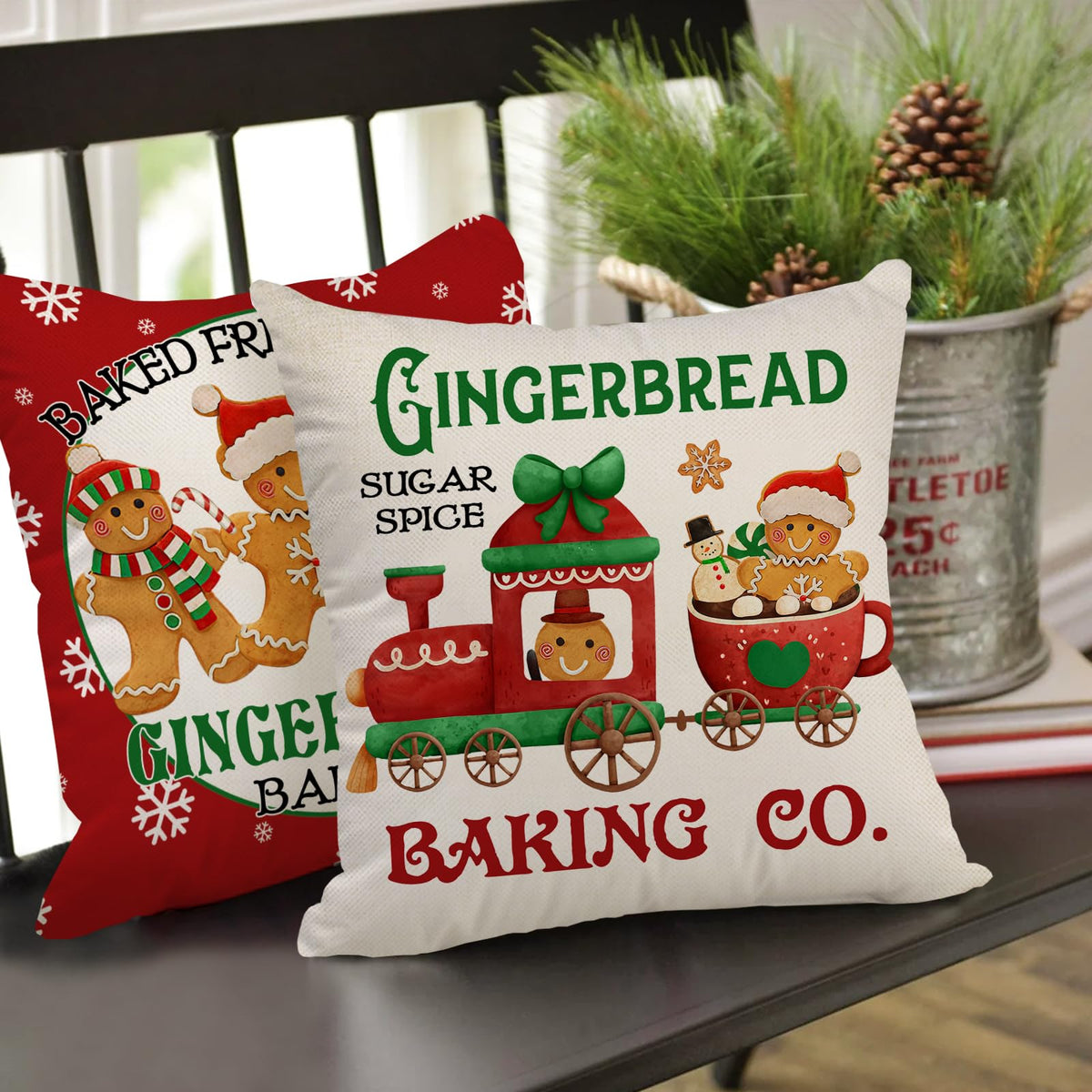 Christmas Gingerbread Man House Decorative Throw Pillow Cover 18x18 Set of 4, Xmas Bakery Hot Cocoa