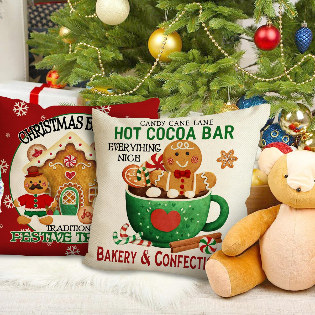 Christmas Gingerbread Man House Decorative Throw Pillow Cover 18x18 Set of 4, Xmas Bakery Hot Cocoa