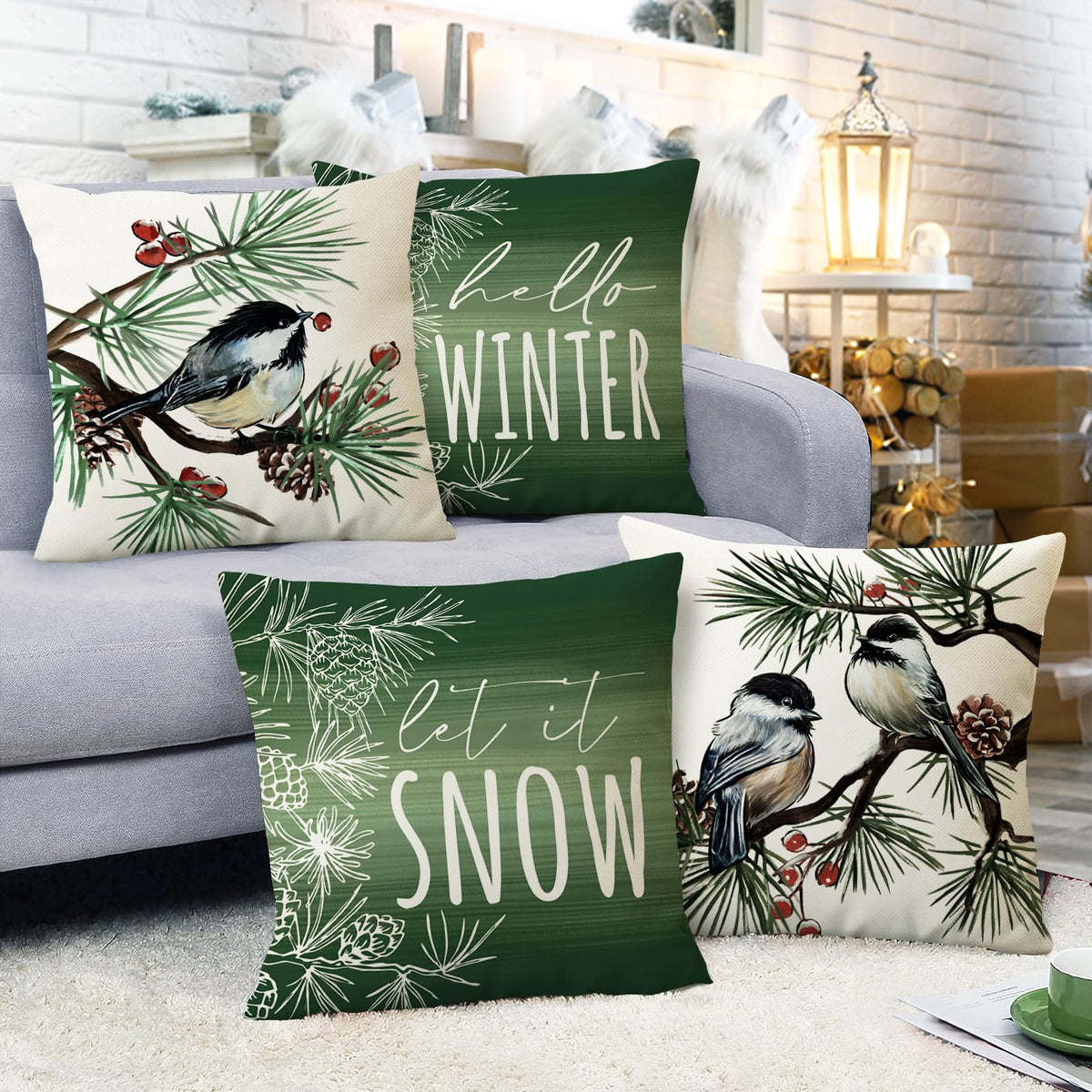 Hello Winter Green Decorative Throw Pillow Covers 18 x 18 Set of 4, Chickadee Pine Needle Branch