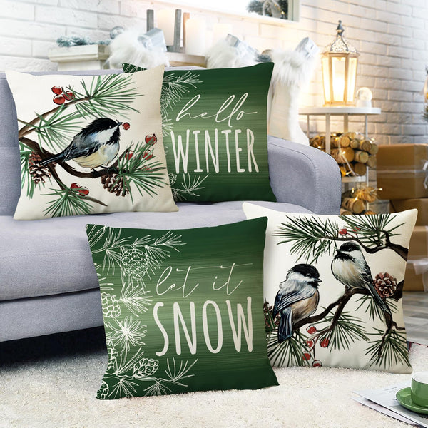 Hello Winter Green Decorative Throw Pillow Covers 18 x 18 Set of 4, Chickadee Pine Needle Branch