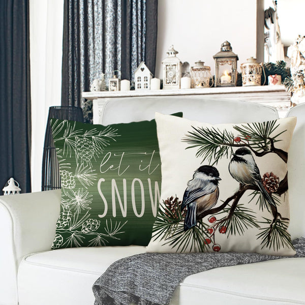 Hello Winter Green Decorative Throw Pillow Covers 18 x 18 Set of 4, Chickadee Pine Needle Branch