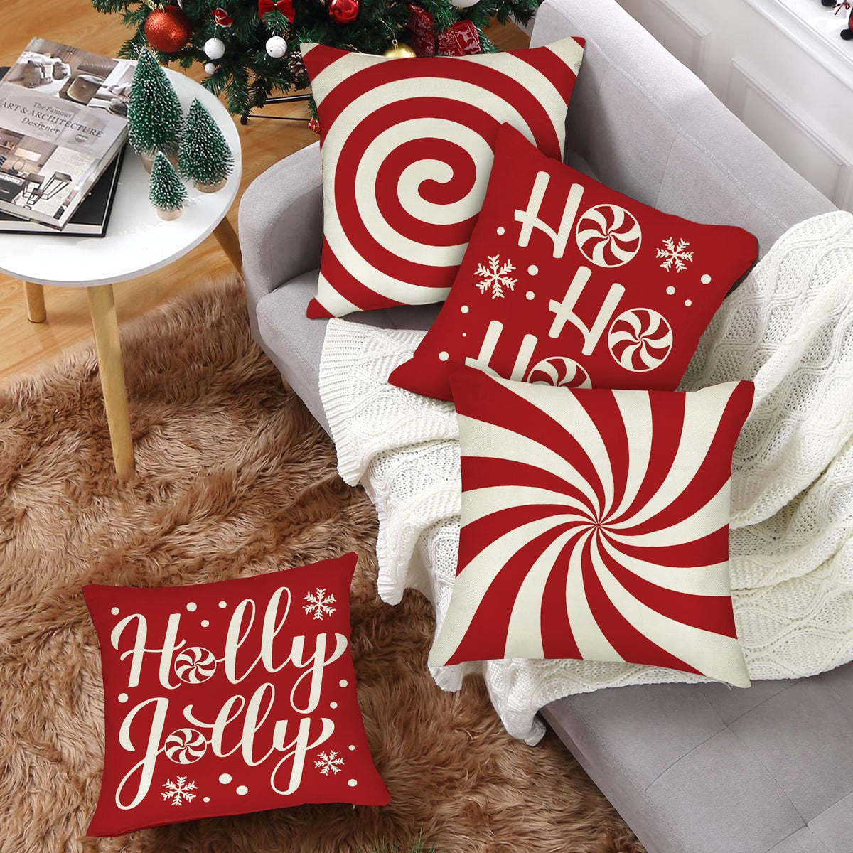 Christmas Peppermint Candy Red Decorative Throw Pillow Covers 18 x 18 Set of 4, Xmas Holly Jolly Ho Ho Ho