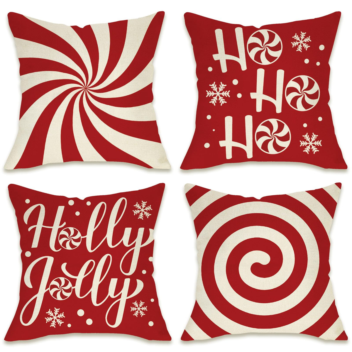 Christmas Peppermint Candy Red Decorative Throw Pillow Covers 18 x 18 Set of 4, Xmas Holly Jolly Ho Ho Ho