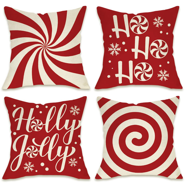 Christmas Peppermint Candy Red Decorative Throw Pillow Covers 18 x 18 Set of 4, Xmas Holly Jolly Ho Ho Ho