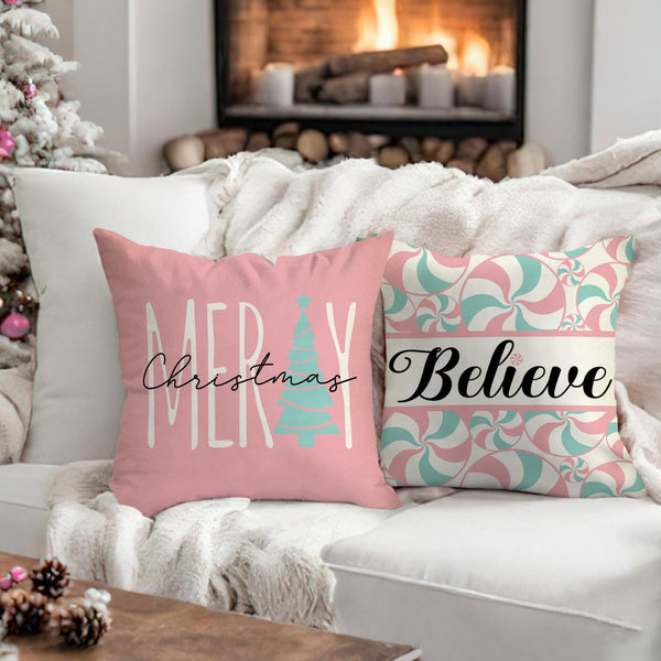 Merry Christmas Peppermint Candy Decorative Throw Pillow Cover 18 x 18 Set of 4, Pink Xmas Tree Porch Patio Outdoor Pillowcase