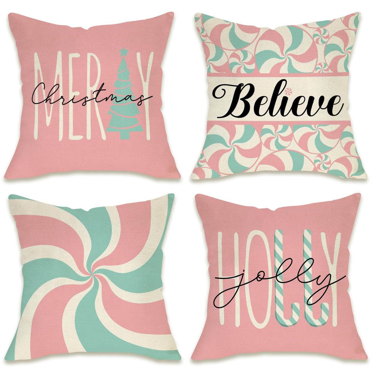 Merry Christmas Peppermint Candy Decorative Throw Pillow Cover 18 x 18 Set of 4, Pink Xmas Tree Porch Patio Outdoor Pillowcase