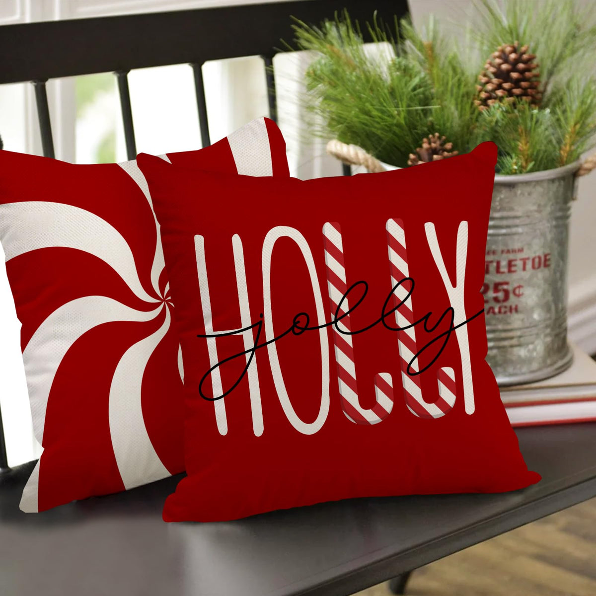 Merry Christmas Tree Decorative Throw Pillow Cover 18 x 18 Set of 4, Xmas Red Candy Canes Porch Patio