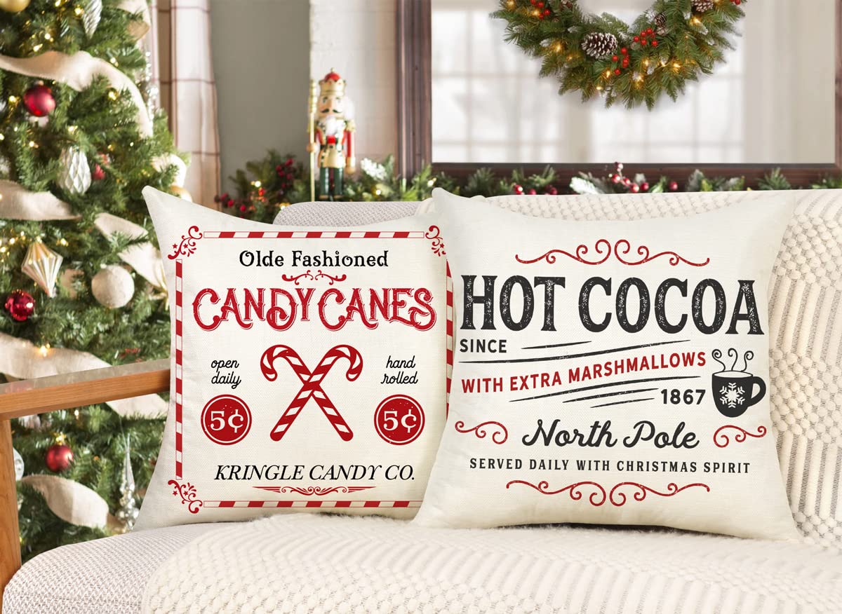 Soft Polyester Farmhouse Christmas Pillow Covers 18x18 Set of 4 Sleigh Rides, Farm Fresh Tree
