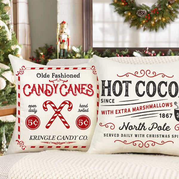 Soft Polyester Farmhouse Christmas Pillow Covers 18x18 Set of 4 Sleigh Rides, Farm Fresh Tree