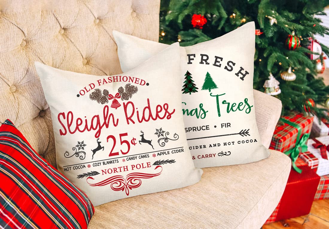 Soft Polyester Farmhouse Christmas Pillow Covers 18x18 Set of 4 Sleigh Rides, Farm Fresh Tree
