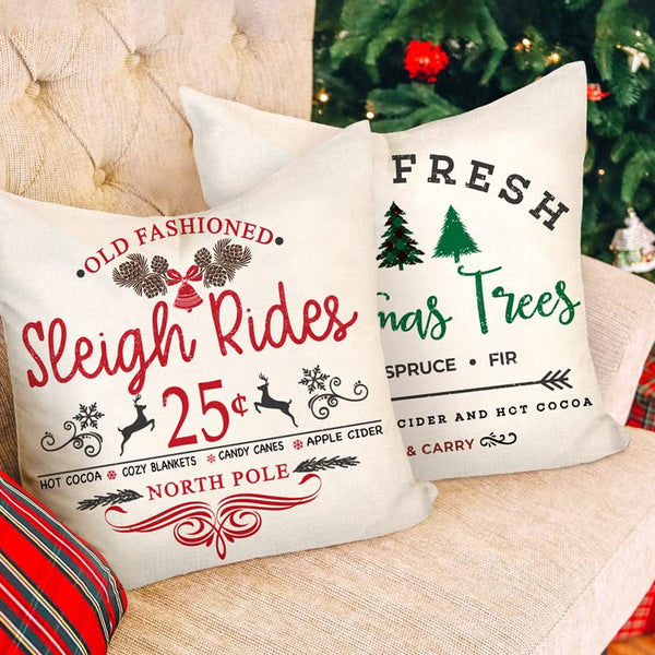 Soft Polyester Farmhouse Christmas Pillow Covers 18x18 Set of 4 Sleigh Rides, Farm Fresh Tree