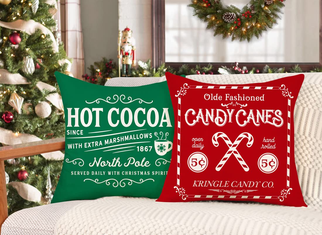 Set of 4 Farmhouse Christmas Pillow Covers 18x18 Set of 4 Winter Holiday Decorations, Red Green