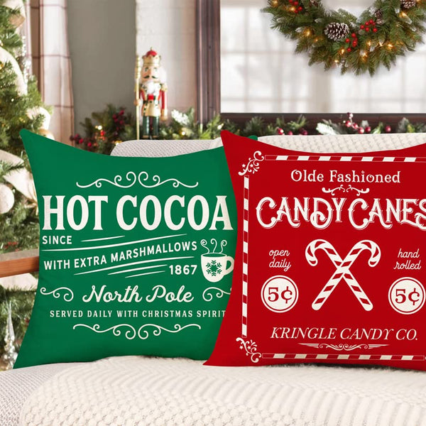 Set of 4 Farmhouse Christmas Pillow Covers 18x18 Set of 4 Winter Holiday Decorations, Red Green