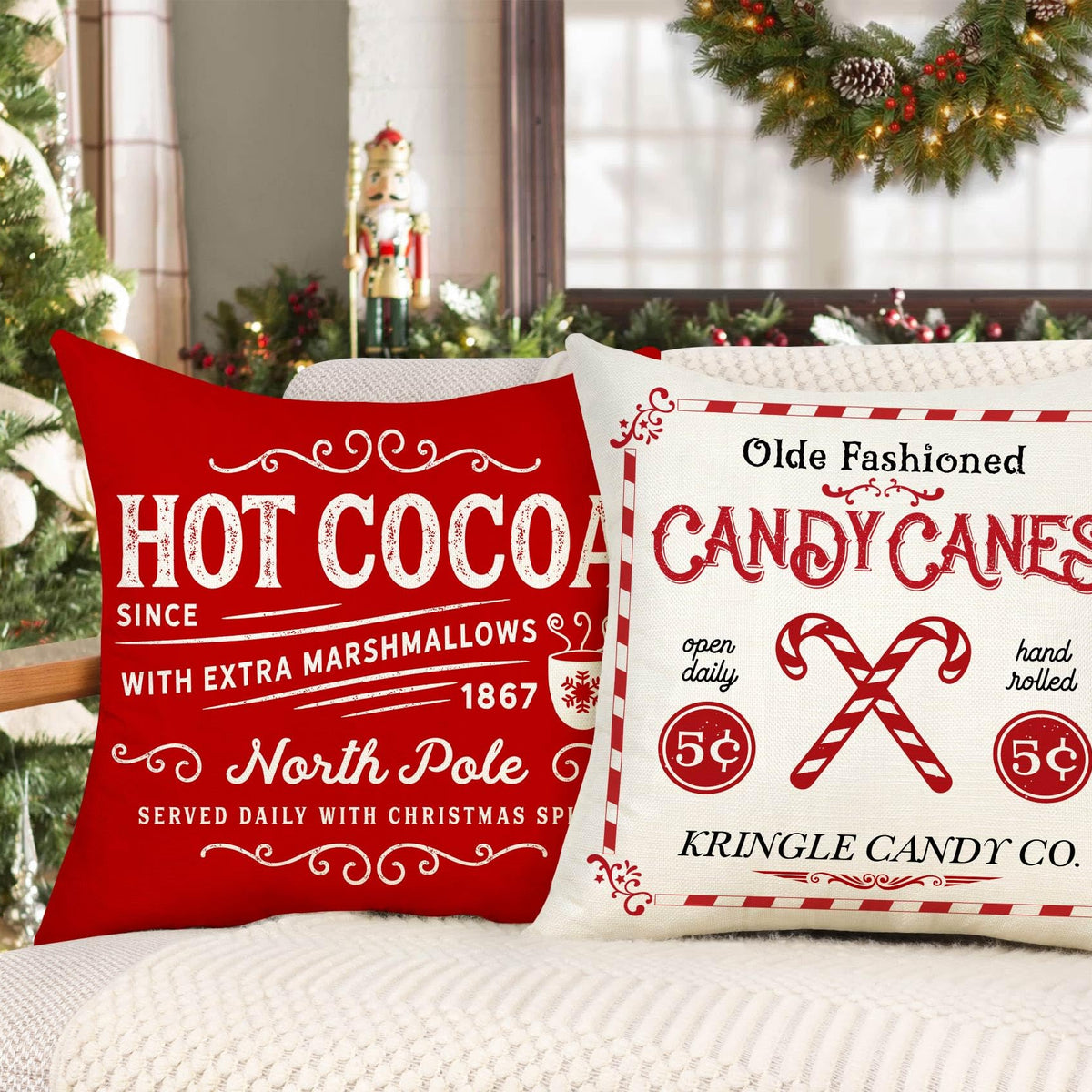 Set of 4 Farmhouse Christmas Pillow Covers 18x18 Set of 4 Winter Holiday Decorations, Red Beige