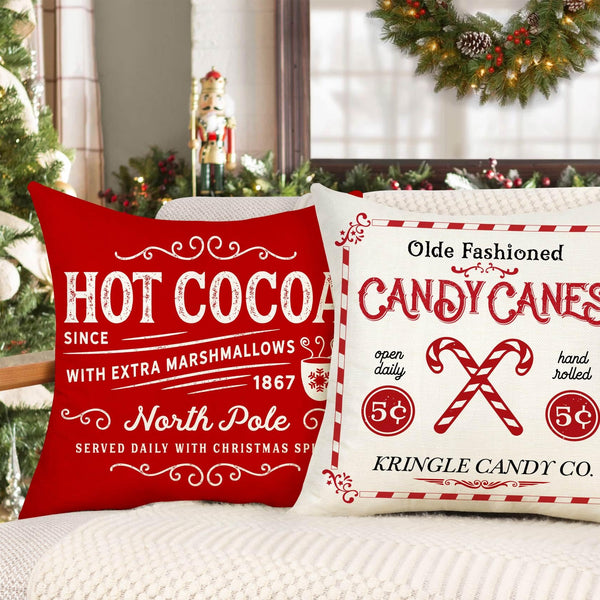 Set of 4 Farmhouse Christmas Pillow Covers 18x18 Set of 4 Winter Holiday Decorations, Red Beige