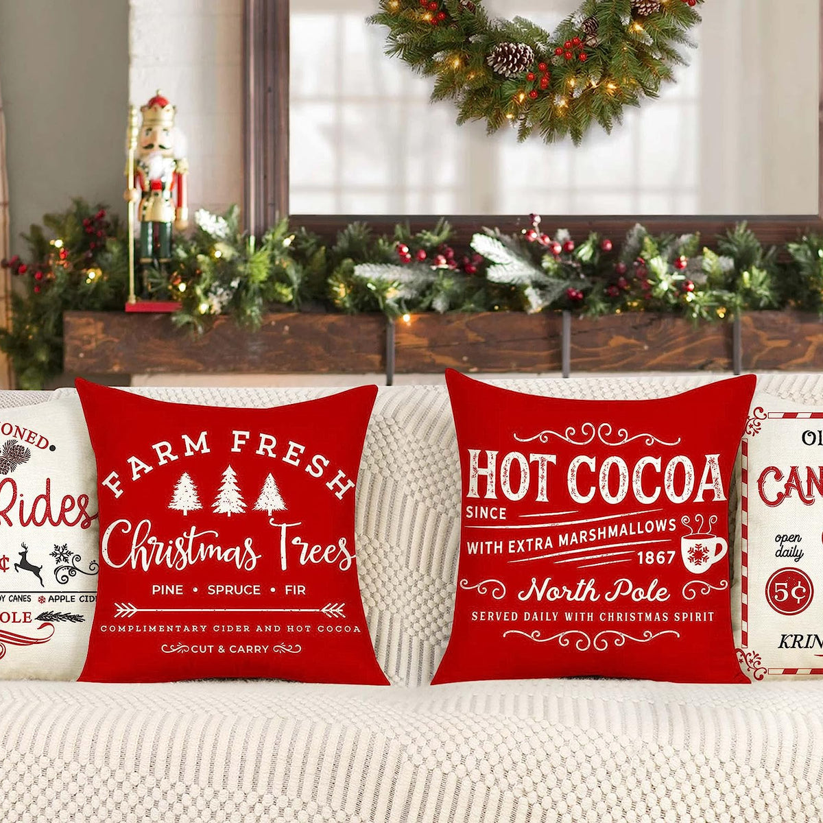 Set of 4 Farmhouse Christmas Pillow Covers 18x18 Set of 4 Winter Holiday Decorations, Red Beige