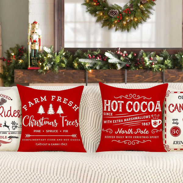 Set of 4 Farmhouse Christmas Pillow Covers 18x18 Set of 4 Winter Holiday Decorations, Red Beige