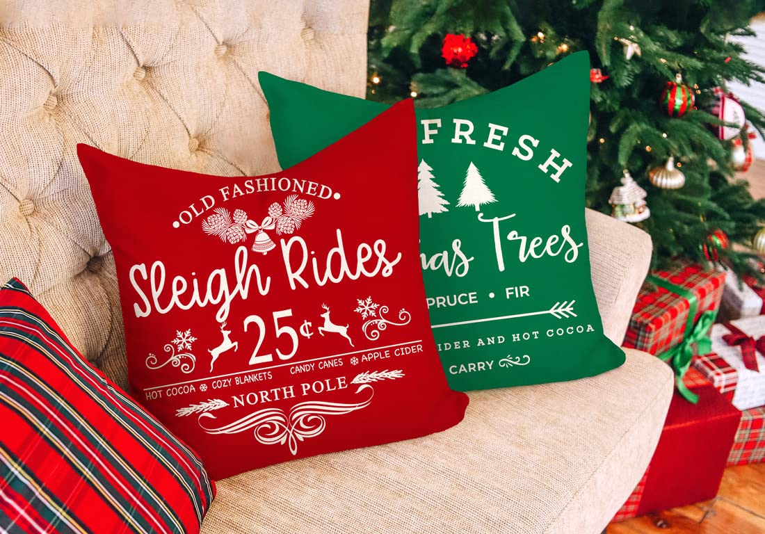 Set of 4 Farmhouse Christmas Pillow Covers 18x18 Set of 4 Winter Holiday Decorations, Red Green