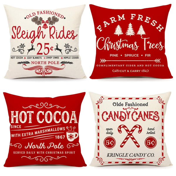 Set of 4 Farmhouse Christmas Pillow Covers 18x18 Set of 4 Winter Holiday Decorations, Red Beige