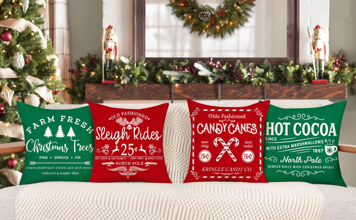 Set of 4 Farmhouse Christmas Pillow Covers 18x18 Set of 4 Winter Holiday Decorations, Red Green