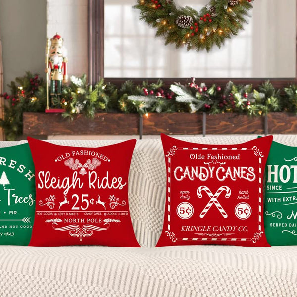 Set of 4 Farmhouse Christmas Pillow Covers 18x18 Set of 4 Winter Holiday Decorations, Red Green
