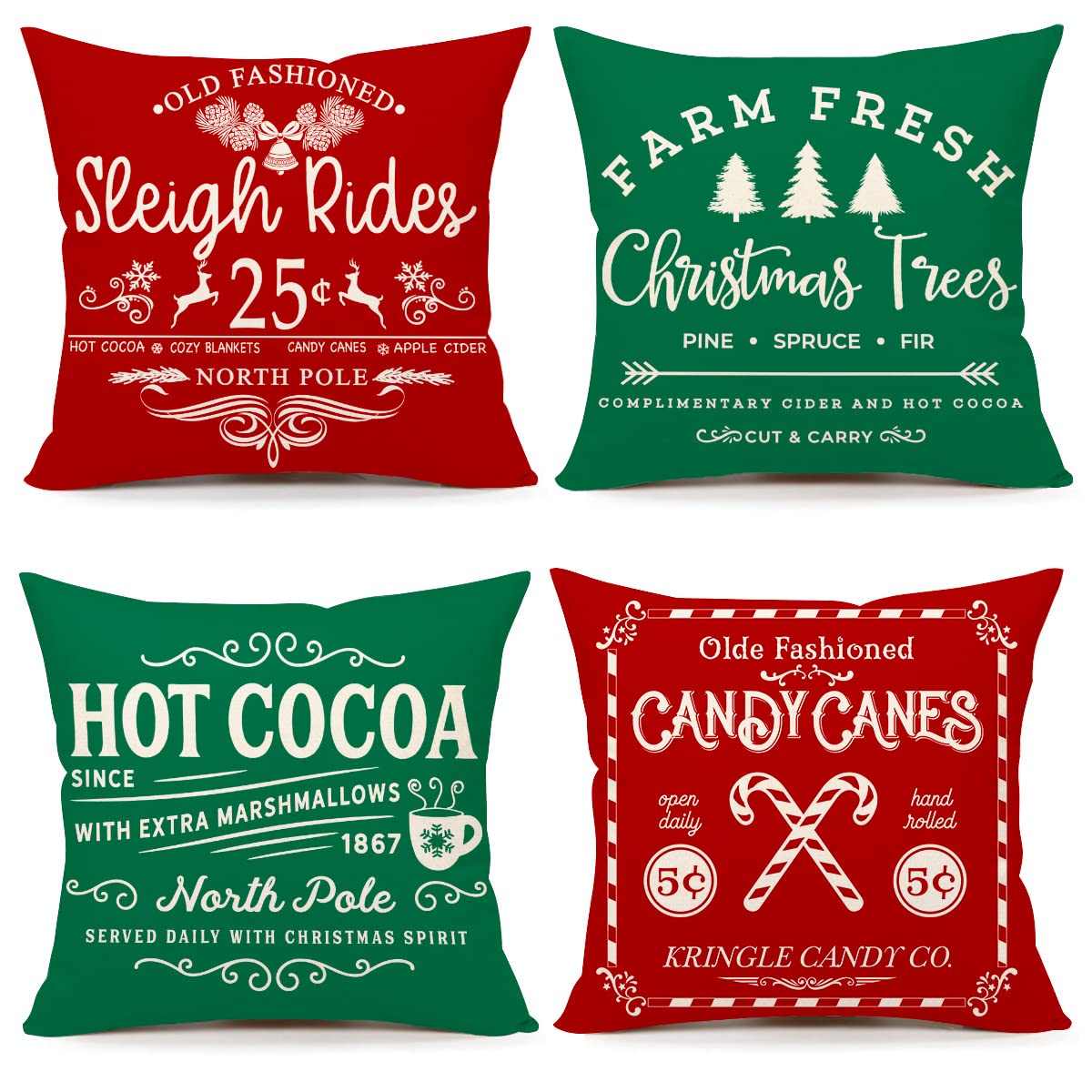 Set of 4 Farmhouse Christmas Pillow Covers 18x18 Set of 4 Winter Holiday Decorations, Red Green