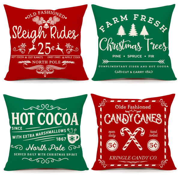 Set of 4 Farmhouse Christmas Pillow Covers 18x18 Set of 4 Winter Holiday Decorations, Red Green