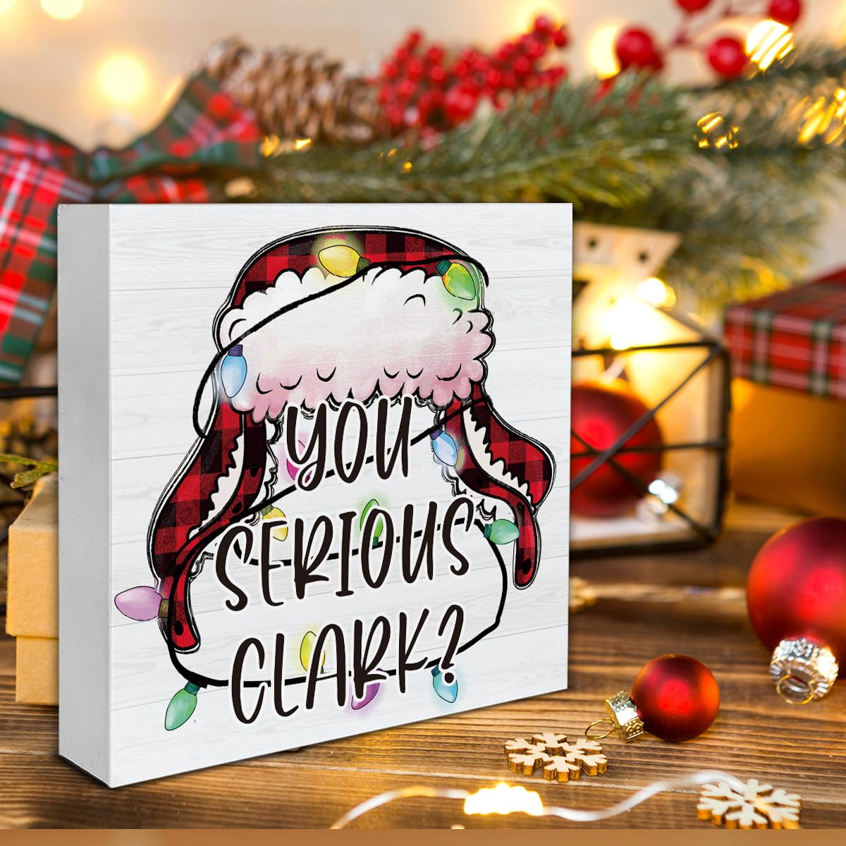 Funny Christmas Vacation Wooden Sign Decor - 'You Serious Clark' Block Sign for Table Shelf - Holiday Decorations 5 x 5 Inch