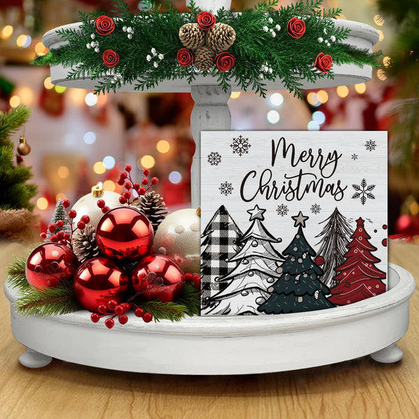 Rustic Merry Christmas Wooden Sign - Farmhouse Christmas Decor for Table or Shelf - 5 x 5 Inch