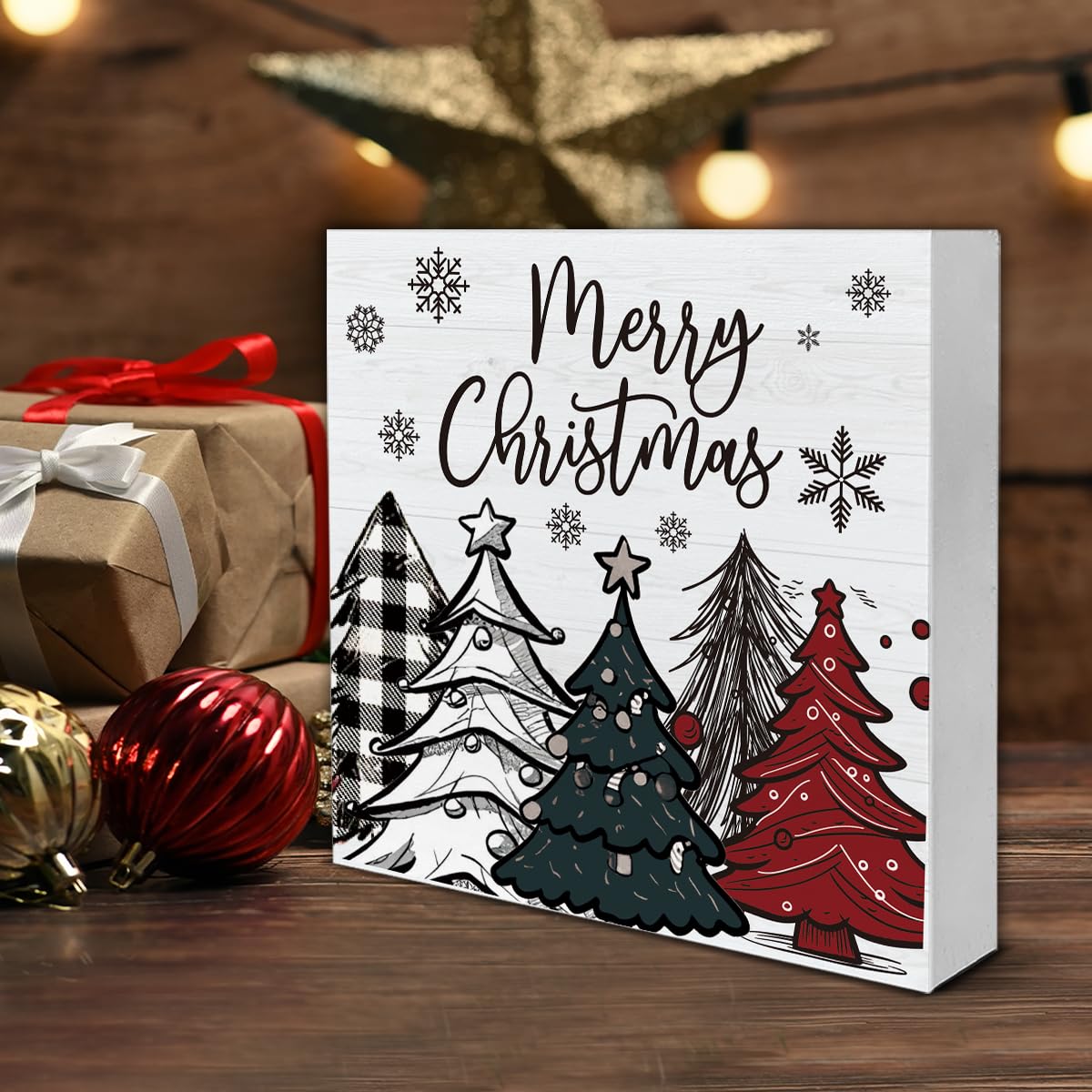 Rustic Merry Christmas Wooden Sign - Farmhouse Christmas Decor for Table or Shelf - 5 x 5 Inch