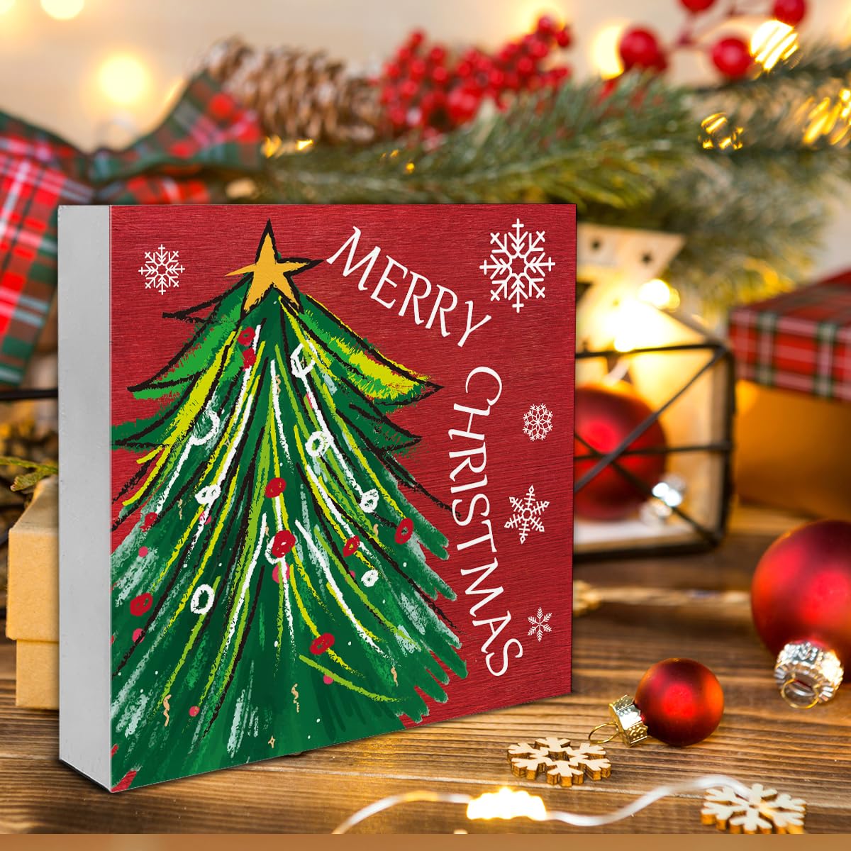 Christmas Signs, Merry Christmas Wooden Sign Decor, Christmas Tree Wooden Block Sign, Indoor Christmas Decor for Table Shelf 5 x 5 Inch