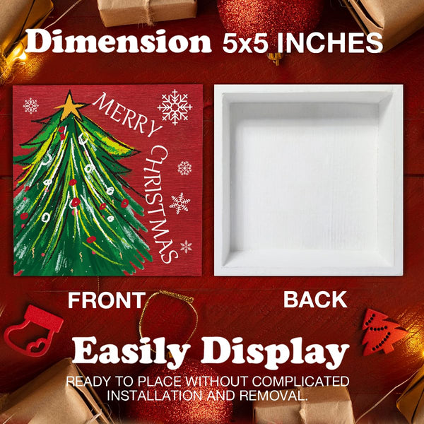 Christmas Signs, Merry Christmas Wooden Sign Decor, Christmas Tree Wooden Block Sign, Indoor Christmas Decor for Table Shelf 5 x 5 Inch