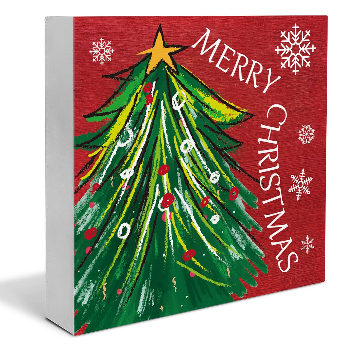 Christmas Signs, Merry Christmas Wooden Sign Decor, Christmas Tree Wooden Block Sign, Indoor Christmas Decor for Table Shelf 5 x 5 Inch