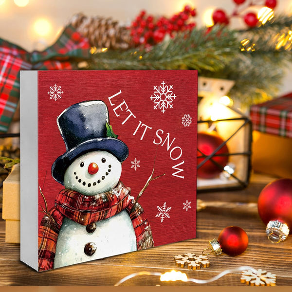 Rustic Christmas Decorations, Let It Snow Wooden Sign Decor, Snowman Wooden Block Sign, Christmas Decor for Table Shelf 5 x 5 Inch