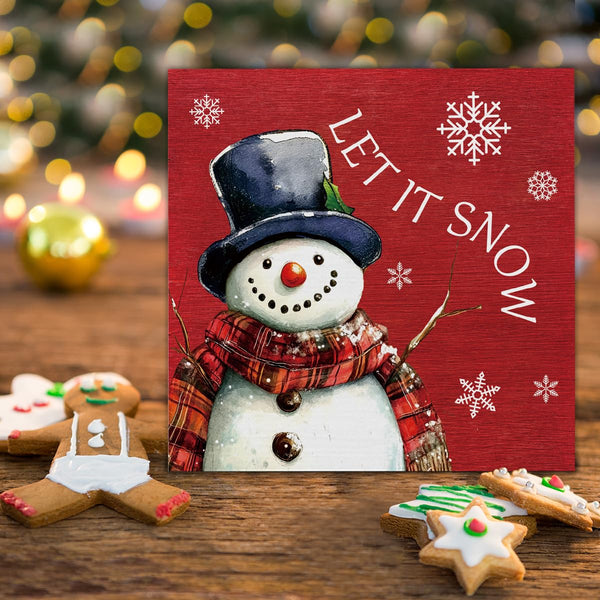 Rustic Christmas Decorations, Let It Snow Wooden Sign Decor, Snowman Wooden Block Sign, Christmas Decor for Table Shelf 5 x 5 Inch