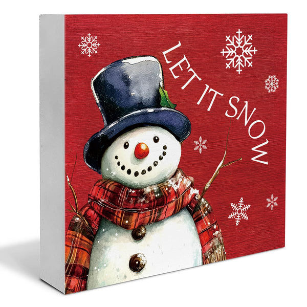 Rustic Christmas Decorations, Let It Snow Wooden Sign Decor, Snowman Wooden Block Sign, Christmas Decor for Table Shelf 5 x 5 Inch