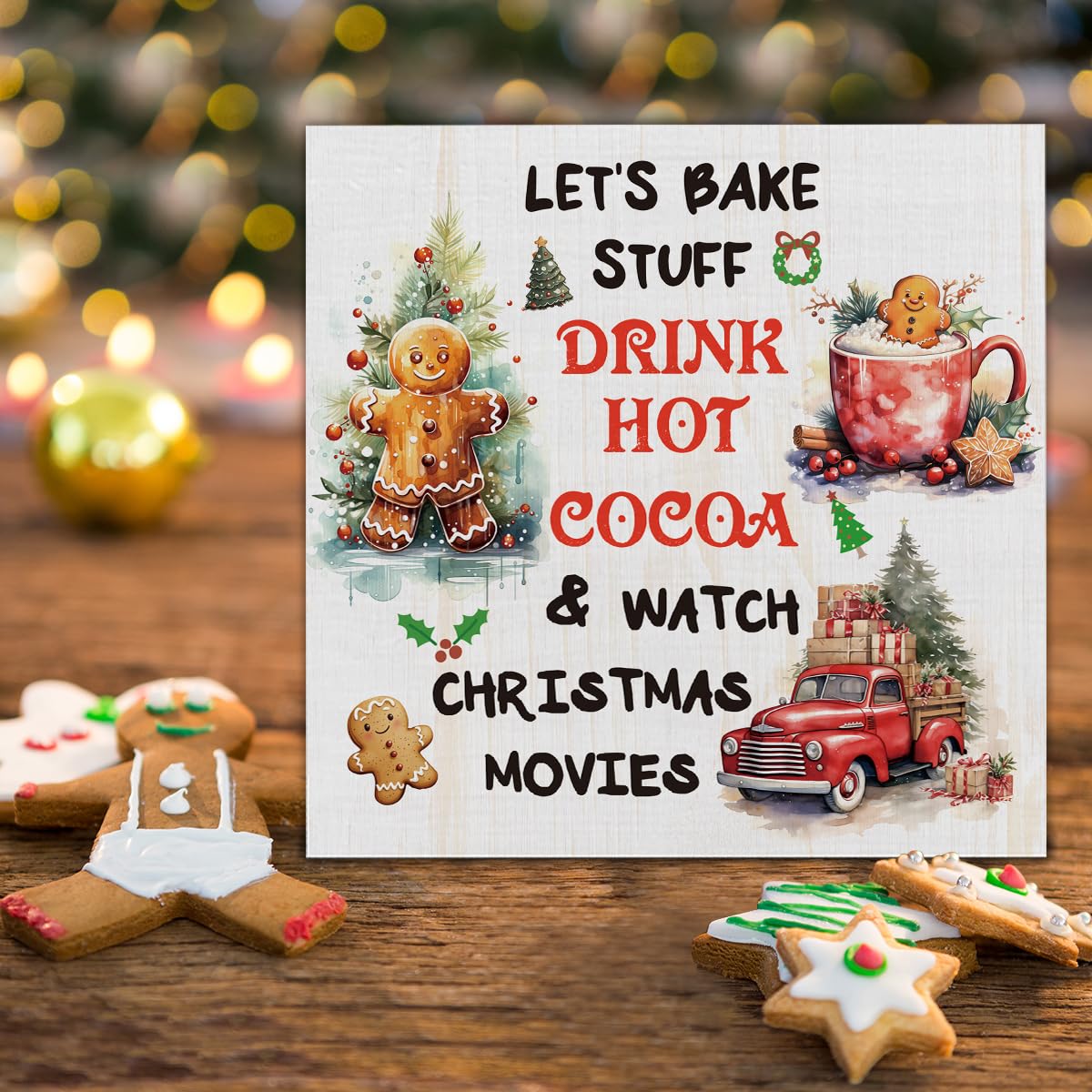 Let's Bake Gingerbread Wooden Sign, Indoor Christmas Decor for Table or Shelf, 5 x 5 Inch