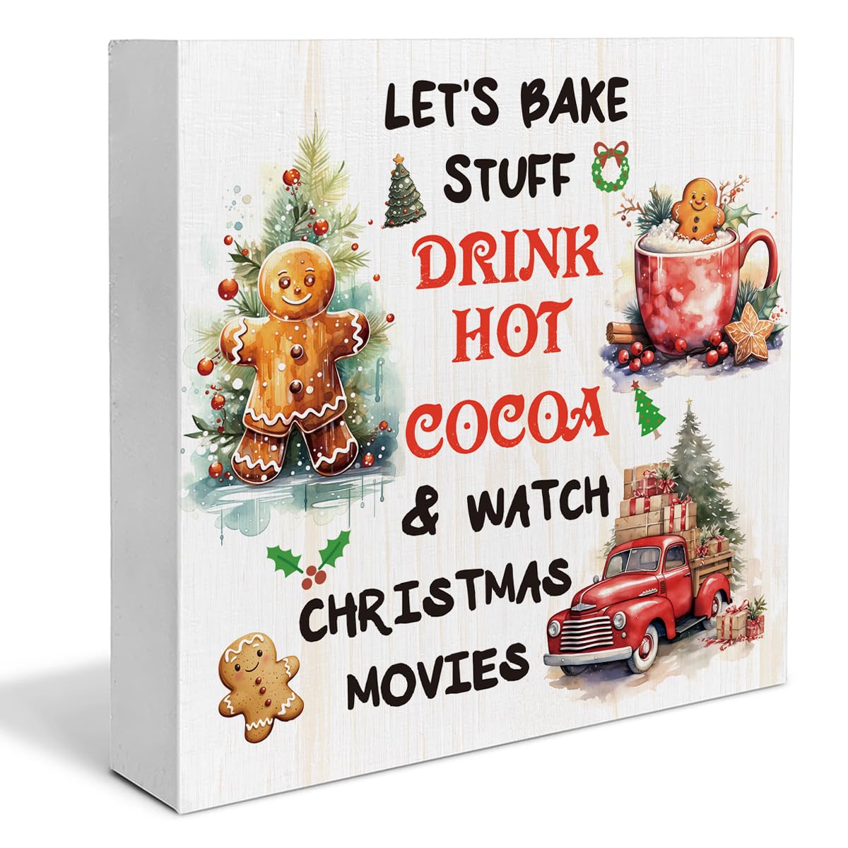 Let's Bake Gingerbread Wooden Sign, Indoor Christmas Decor for Table or Shelf, 5 x 5 Inch