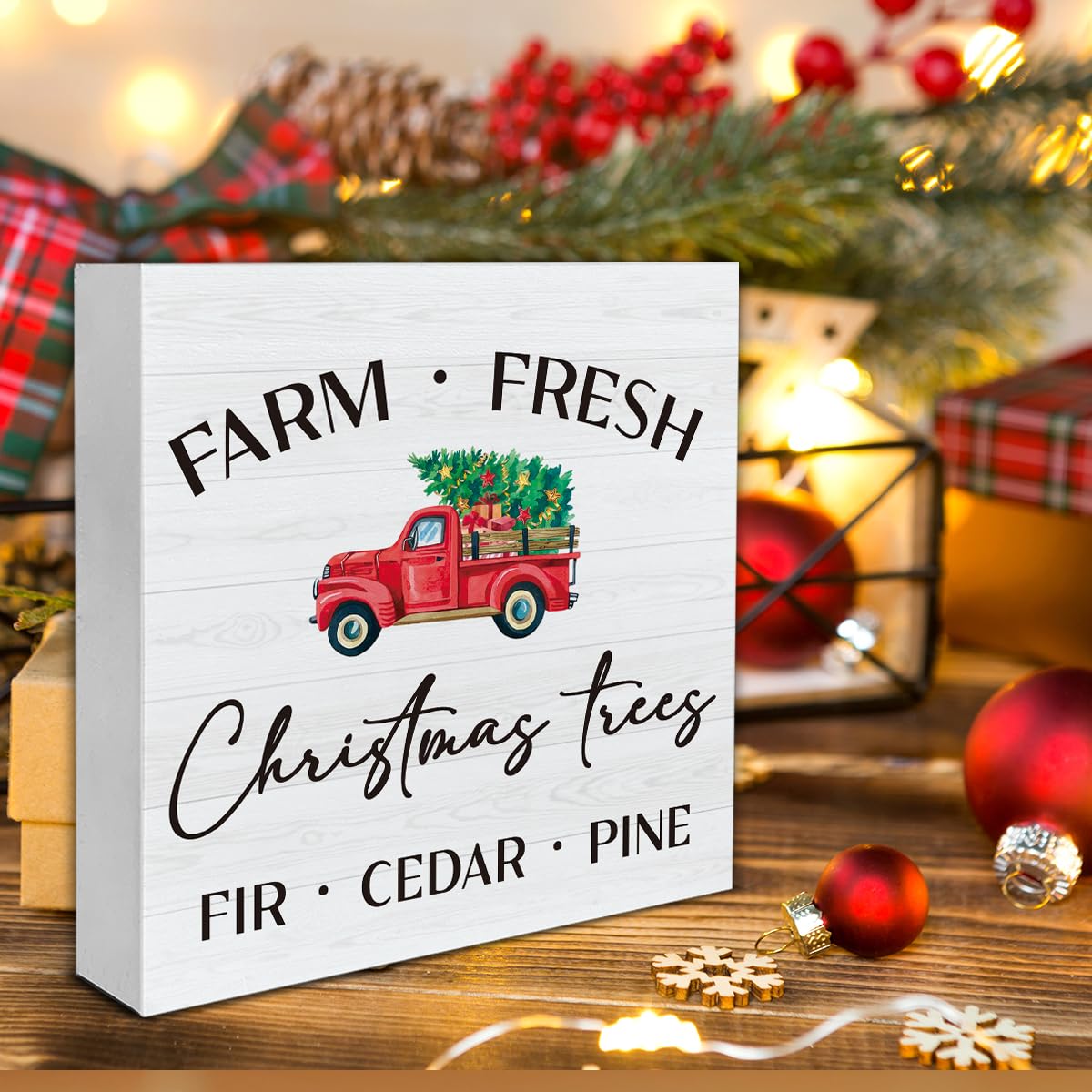 Christmas Indoor Decorations, Christmas Trees Red Truck Wooden Sign Decor, Farmhouse Christmas Wooden Block Sign