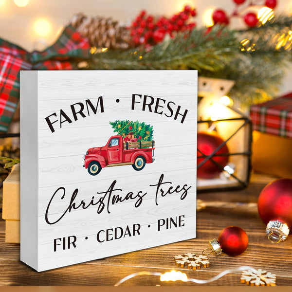 Christmas Indoor Decorations, Christmas Trees Red Truck Wooden Sign Decor, Farmhouse Christmas Wooden Block Sign